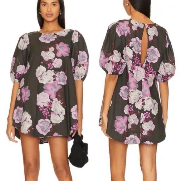 Free People Maye Poplin Tunic Dress Black Pink Floral Puff Sleeve Boho Large - Picture 1 of 9